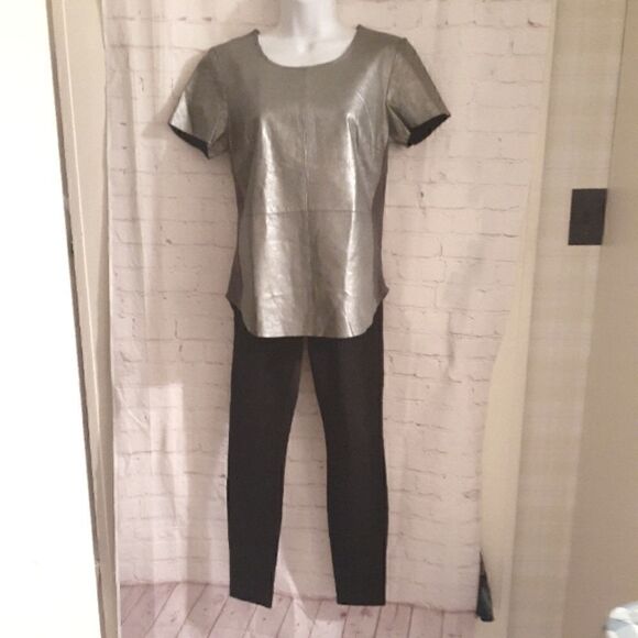 Trouve from Nordstroms Silver Real Leather Front Jersey Back Short Sleeve Top XS - Picture 1 of 8